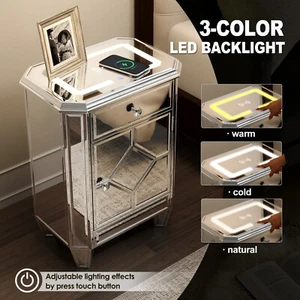 Silver LED Mirrored Nightstand End Table w/ Drawer,Cabinet,USB,Wireless Charging - Picture 1 of 17