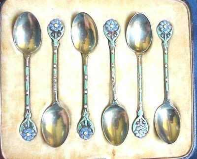 6 Fine Antique English Art Nouveau Enamel Flower Sterling Silver Spoons In Box - Image 1 of 4