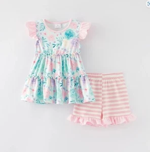NEW Boutique Floral Tunic Dress & Ruffle Shorts Girls Outfit Set - Picture 1 of 6