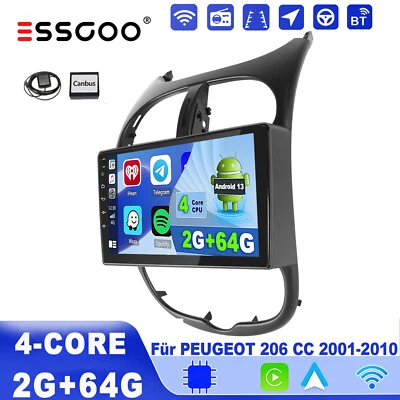 9'' Autoradio Carplay Android 13 2+64G Für Peugeot 206 2001-2016 GPS Navi BT RDS - Bild 1 von 4