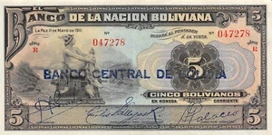 Bolivia  5  Bolivianos 11.5.1911 /1929  P 113  Series R  Circulated Banknote EP2 - Picture 1 of 2