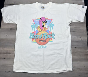 Vintage 1990's White Hard Rock Cafe Miami Pink Flamingo Two-Sided T-Shirt XL