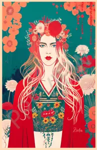 Ziola Rosa Vintage Art Deco Hippie Mädchen Blumenkind Floral Art Botanical Print - Bild 1 von 4