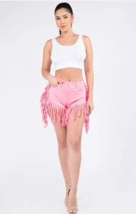 NWT American Bazi Women's High Waist Fringe Hem Hot Pink Jean Shorts Casual Fun - Picture 1 of 9