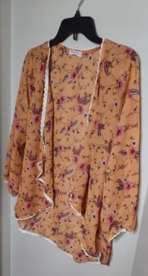 Knit Works Womens Flowy Open Lace Hem Kimono Size L Floral Boho Silky Layering - Imagem 1 de 4