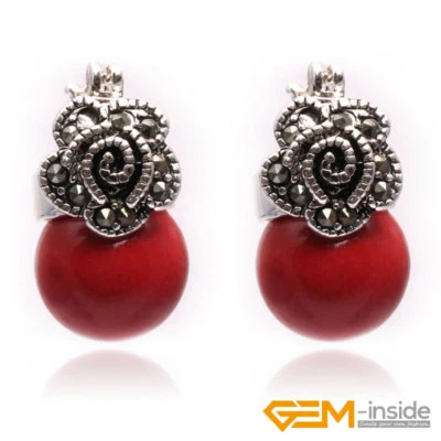 Pendientes Huggie de 12 mm redondos de piedras preciosas de plata tibetana con flores de marcasita Foto 1 de 4