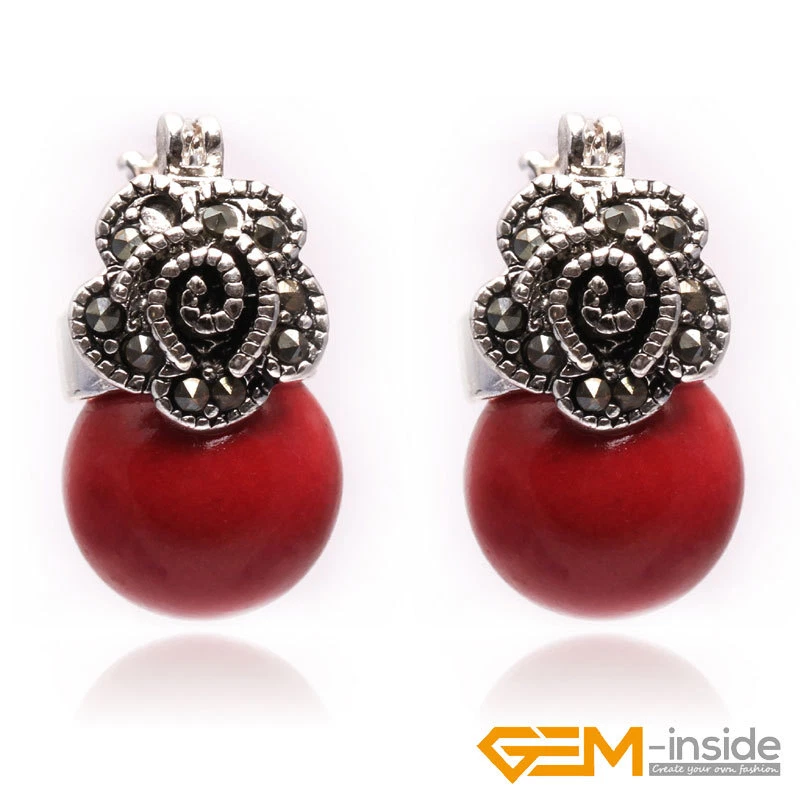 Pendientes Huggie de 12 mm redondos de piedras preciosas de plata tibetana con flores de marcasita Foto 1 de 4