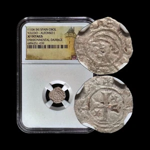 SPAIN. 1158, Obol, Silver - NGC XF - Alfonso VIII, Cross Stars 2/3, Toledo 039 - Picture 1 of 5