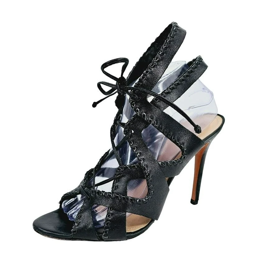 Schutz Lenna Heels 9.5 B Black Leather Strappy Caged Cut Out Lace Up Open Toe - Image 1 of 4