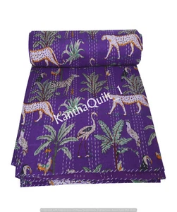 Colcha de algodón hecha a mano con estampado en el bosque indio Kantha - Imagen 1 de 6
