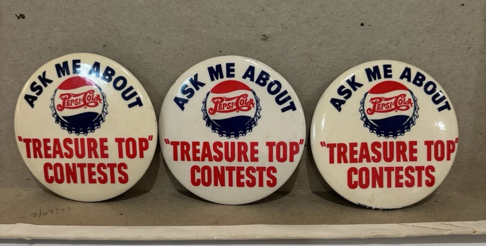 Lot Os 3 Vintage 1940s Pepsi-Cola Treasure Top Contest Button 2.5" Made In USA - Image 1 of 4