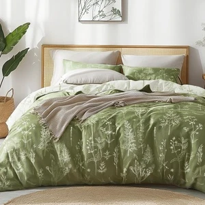 Olive Green Full Comforter Set - Full Size Comforter Set, 3 Pieces Cute Flora... - Picture 1 of 9