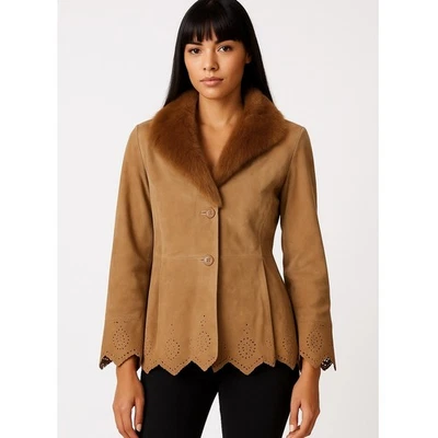 Y2K Dennis Basso Boho penny lane Suede leather jacket fur collar bell cuffs XS - Image 1 of 4