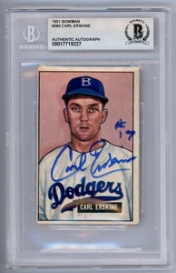 Carl Erskine Signed Auto 1951 Bowman Rookie Rc Card Beckett Brooklyn Dodgers MLB - Picture 1 of 2