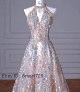 French Halter Evening Dress Embroidery Sequins Slim Skirt Luxury Bride Wedding - Picture 1 of 18