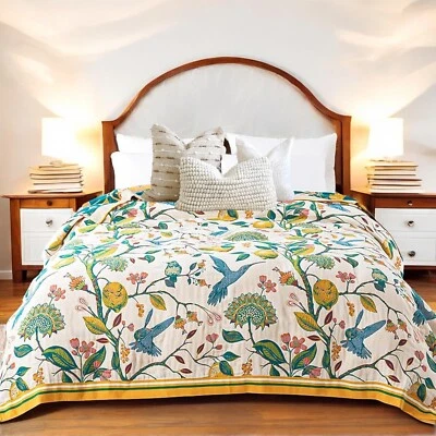 NEW Anthro XL Boho Bird Orange Blue Throw Blanket Bedspread Quilt 80" x 90" - Image 1 of 4