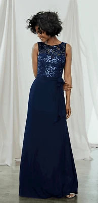 Vestido de Noche Amsale Lorena Floral Encaje Sin Mangas Espalda en V Azul Marino Talla 14 Foto 1 de 4