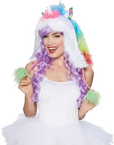 Einhorn Kapuze Regenbogen Erwachsene Kostüm Set pelzig Clubwear Halloween - Bild 1 von 1