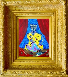 Pintura pequeña de arte para gatos + marco dorado vintage coleccionable + certificado de autenticidad - Imagen 1 de 8