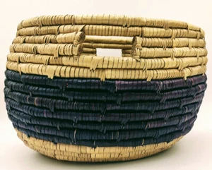 LRG Coiled Style 2 Color Round Basket w/ inset Handles ~ 12"H X 16"D -Decorative - Picture 1 of 12