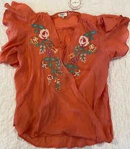 NWT New Umgee floral ruffle embroidered top blouse large L Faux wrap tie front - Picture 1 of 4