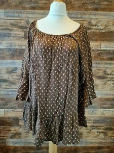 Evans UK16 Brown Polka Dot Off Shoulder Blouse 3/4 Bell Sleeve Plus Size Top - Picture 1 of 9