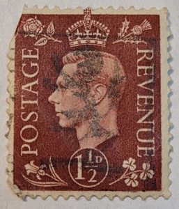 Postage Revenue ~ King George VI ~ Brown 1½D Stamp ~ Posted/Used ~ c.1940's ~ 03 - Picture 1 of 6