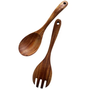 2 PCS Teak Wood Spoon Wooden Ladle Wooden Tableware Wood Tableware Wood Fork - Picture 1 of 12