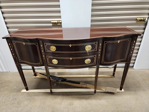 Mahogany Stickley Hepplewhite Serpentine Sideboard Satinwood Inlay Brass Gallery Cover