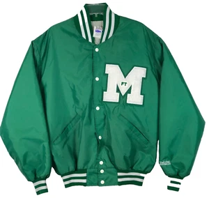 Vintage Delong Satin Varsity Letter Quilt Lined Bomber Jacket USA Made Green L - Picture 1 of 15