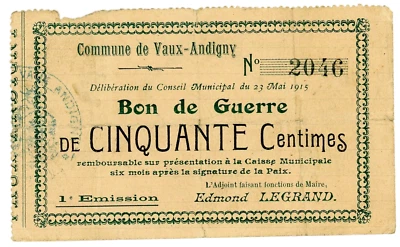 France/Vaug-andigny … 50 Centimes … 1915 … *F* - Image 1 of 2