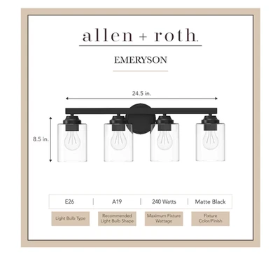 Allen + roth Emeryson 24,5 дюйма 4 -светлый матовый черный переходный светильник для туалетного столика - Изображение 1 из 4
