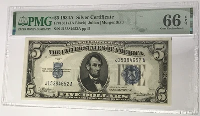 1934A $5 Silver Certificate PMG 66 Gem Uncirculated EPQ Fr#1651 JA Block - Image 1 of 2