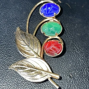 DE COLECCIÓN BROCHE FLOR CORNALINA ÓNIX VERDE LAPISLÁZULI ESCARABAJO RELLENO ORO 14K - Imagen 1 de 6