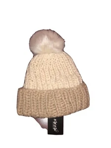 Neu mit Etikett Kyi Kyi Canada Beanie hellbraun/creme zweifarbig Grobstrick Kunstfellmütze - Bild 1 von 5