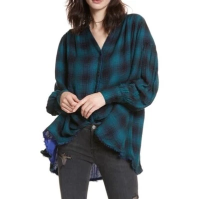 Túnica boho Free People Come on Top para mujer XS a cuadros verde negro festival Foto 1 de 4