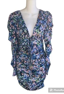 AFRM Ruched Deep V Neck Floral Stretch Mini Dress Puff Sleeve S NWT MSRP $118. - Picture 1 of 4