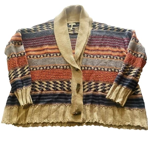 KIRRA Sweater Women's Large Cardigan Tan Geometric Striped Shawl Neck 3 Button - Picture 1 of 12