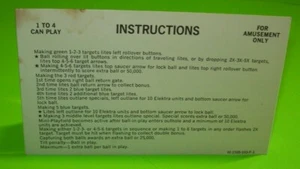 Elektra Pinball Instruction Card Original Vintage 1981 Game Single Sided - Picture 1 of 3