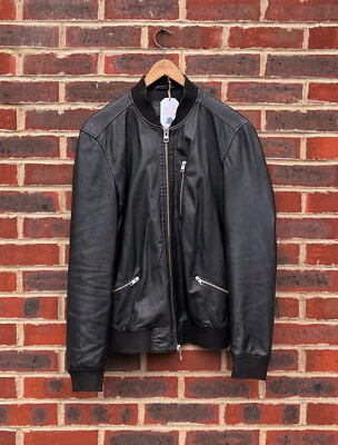 AllSaints Mens UTILITY Leather Bomber Jacket Black LARGE Biker All Saints - Image 1 of 4