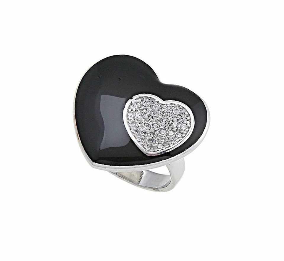 ANELLO ARGENTO 925 CUORE DOPPIO SMALTO NERO ZIRCONI ANALLERGICO ARVI GIOIELLI  - Immagine 1 di 1