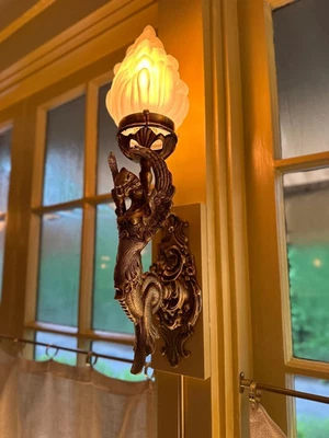 Antique Vintage Art Deco Brass Fire Glass Wall Sconces - Nouveau Lamp Fixture - Image 1 of 4