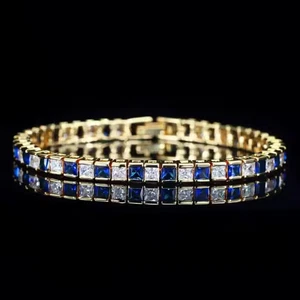 19Ctw Lab Created Princess Diamond & Sapphire Yellow Gold Plated Tennis Bracelet - Picture 1 of 10