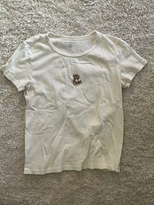 brandy melville John Galt Cap Sleeve Round Neck White Teddy Bear T Shirt Crop - Picture 1 of 3
