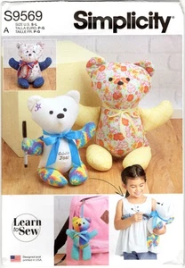 2022 Simplicity Sewing Pattern #S9569 Learn to Sew Plush Memory Bears Uncut - Picture 1 of 4
