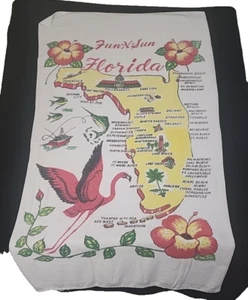 Vtg 60s Cotton Souvenir Beach Towel Florida Map PRE Disney 35.5" x 59" #1529 - Picture 1 of 24