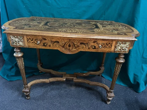 Antique Wood InLaid Console Table ￼ with unique brass hardware and pull out draw Cover