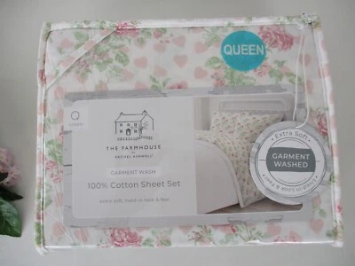The Farmhouse by Rachel Ashwell Queen Cotton Sheet Set Pink Roses & Hearts - Image 1 of 4