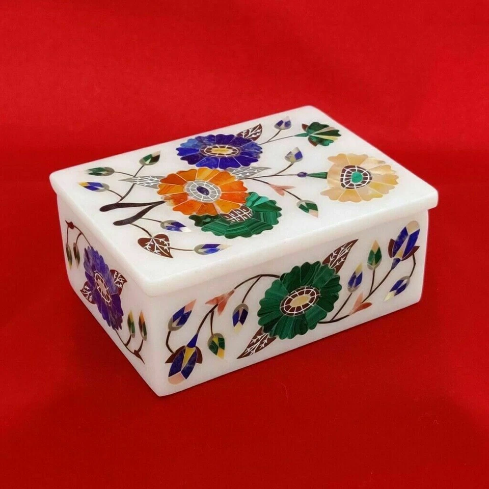 4"x 3"x 2" Marble Jewelry Box Multi Color Semi Precious Stone Handmade For Gifts - Image 1 of 1