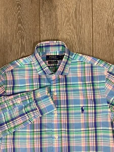 Polo Ralph Lauren Slim fit Cotton stretch S Button Up Shirt Plaid Blue pink - Picture 1 of 5
